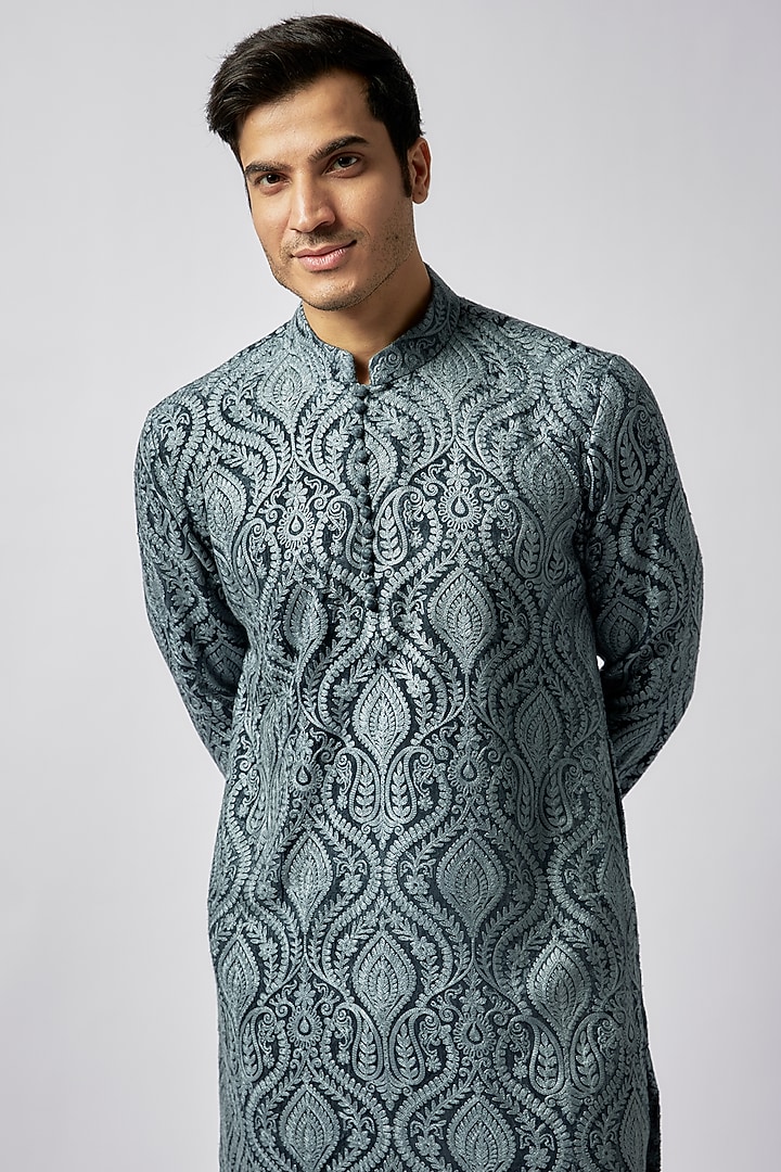 Teal Blue Velvet Paisley Printed Kurta Set by Dapper & Dare at Pernia's Pop Up Shop