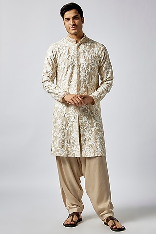 Beige & White Moonga Silk Embroidered Kurta Set by Dapper & Dare