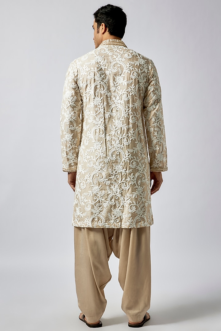 Beige & White Moonga Silk Embroidered Kurta Set by Dapper & Dare at Pernia's Pop Up Shop