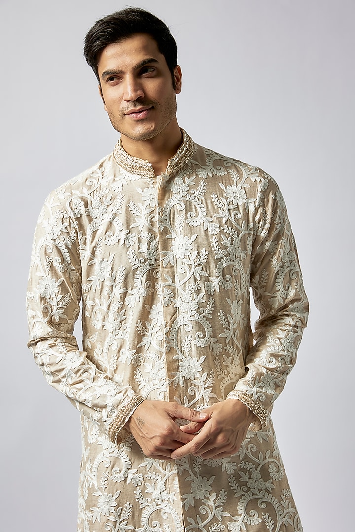 Beige & White Moonga Silk Embroidered Kurta Set by Dapper & Dare at Pernia's Pop Up Shop