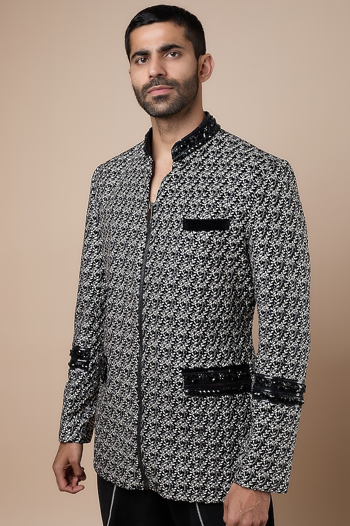 Black Georgette Swarovski Embellished Jacket Set by Dapper & Dare at Pernia's Pop Up Shop