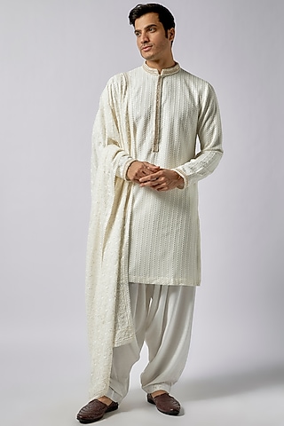 White Georgette Chikankari Embroidered Lucknowi Kurta Set by Dapper & Dare