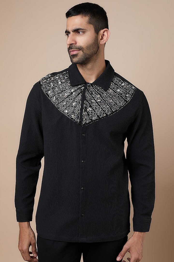 Black Banana Crepe Embroidered Shirt by Dapper & Dare