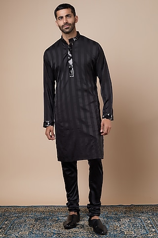 Black Satin Sequins Embroidered Striped Kurta Set by Dapper & Dare