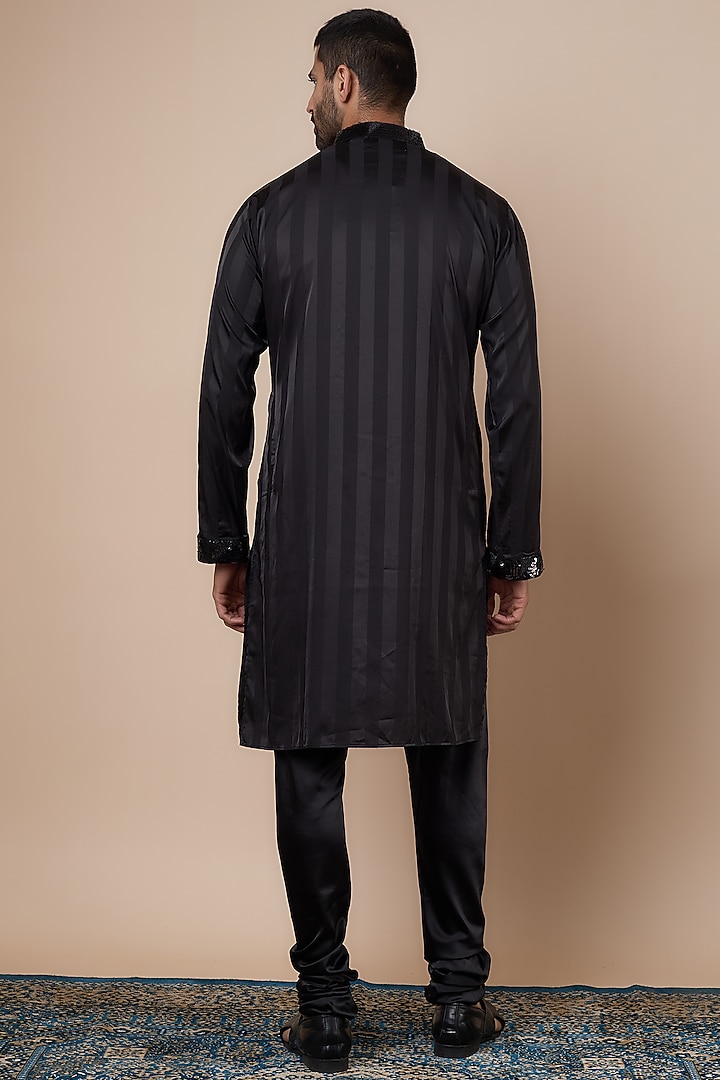 Black Satin Sequins Embroidered Striped Kurta Set by Dapper & Dare at Pernia's Pop Up Shop