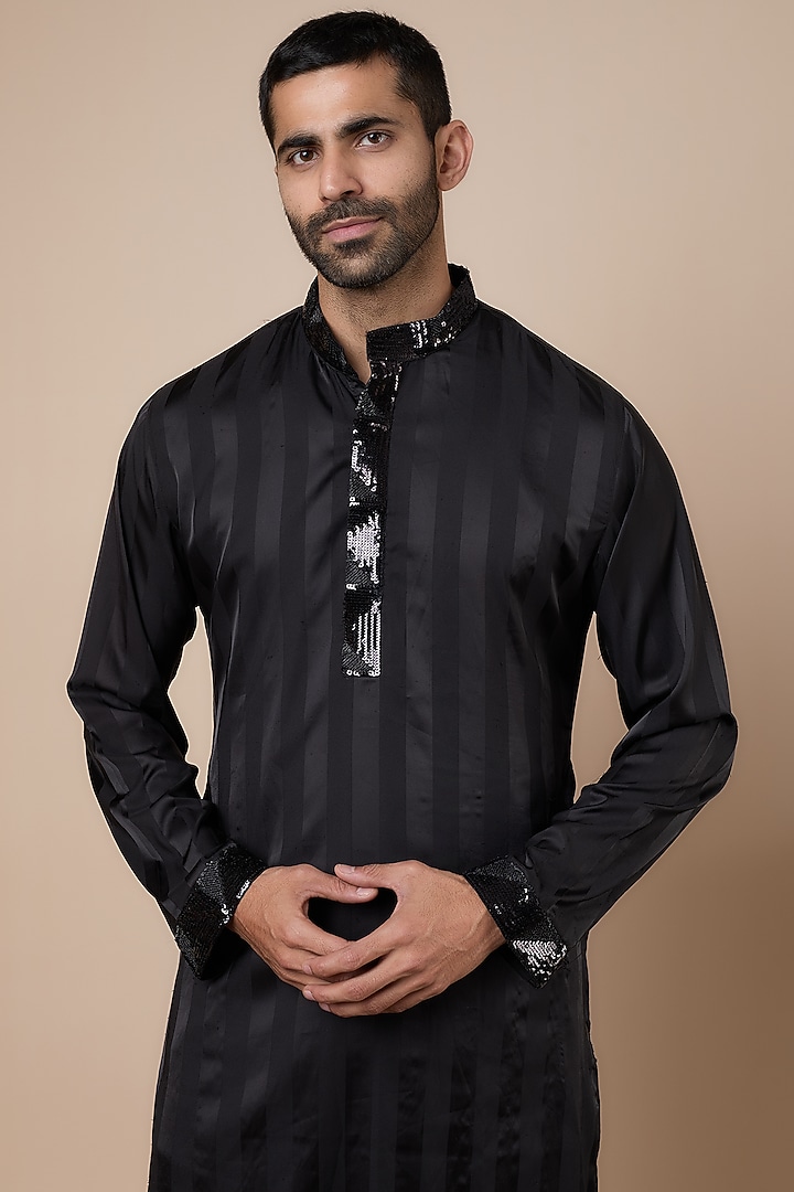 Black Satin Sequins Embroidered Striped Kurta Set by Dapper & Dare at Pernia's Pop Up Shop