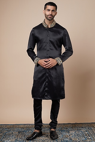 Black Satin Cutdana Embroidered Kurta Set by Dapper & Dare