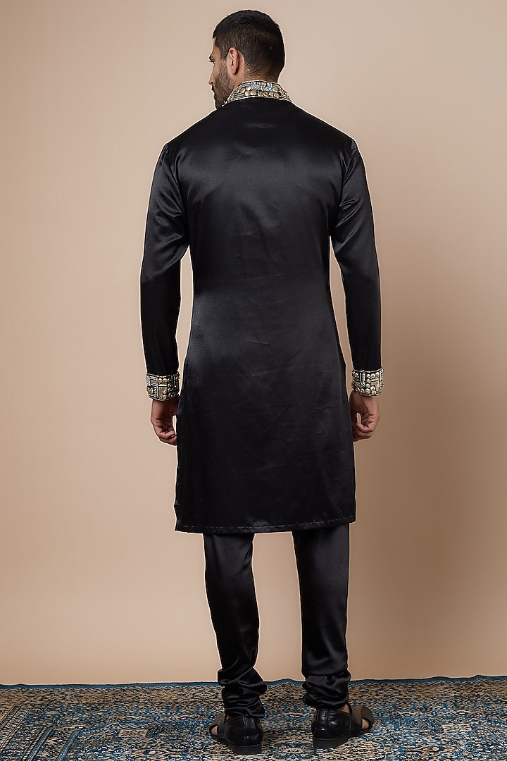 Black Satin Cutdana Embroidered Kurta Set by Dapper & Dare at Pernia's Pop Up Shop