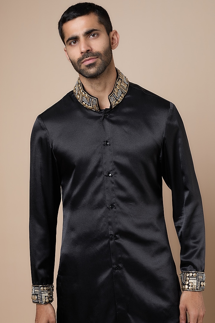 Black Satin Cutdana Embroidered Kurta Set by Dapper & Dare at Pernia's Pop Up Shop