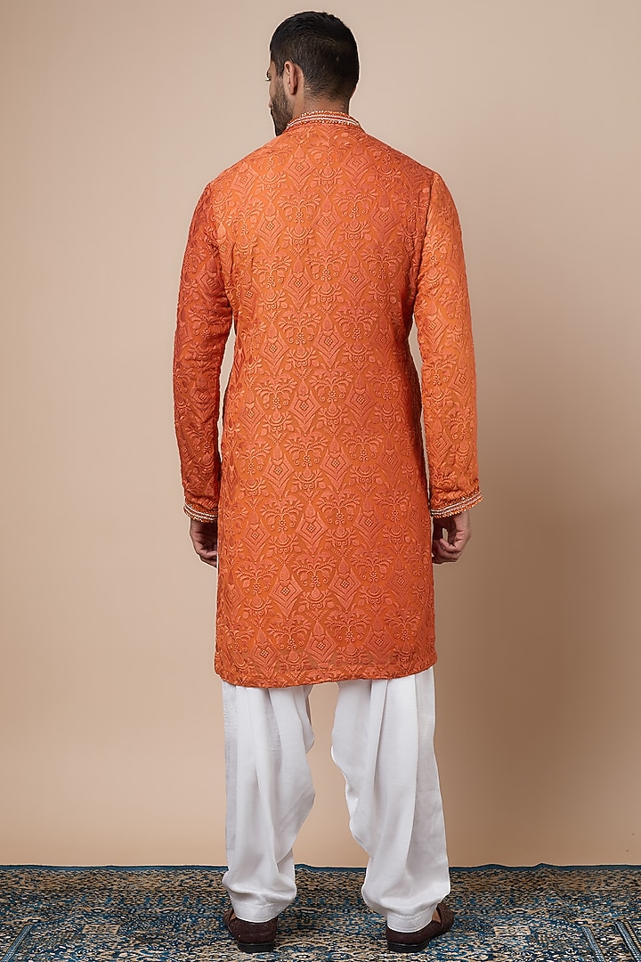 Orange Georgette Lucknowi Embroidered Kurta Set by Dapper & Dare at Pernia's Pop Up Shop