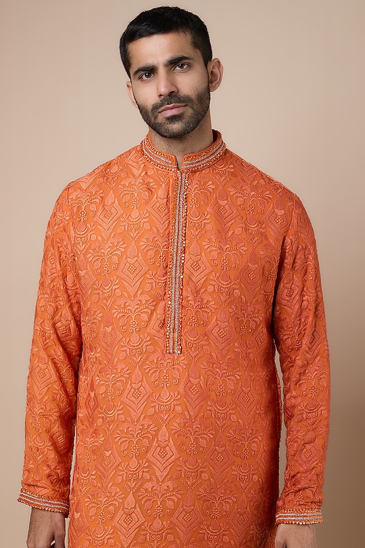 Orange Georgette Lucknowi Embroidered Kurta Set by Dapper & Dare at Pernia's Pop Up Shop