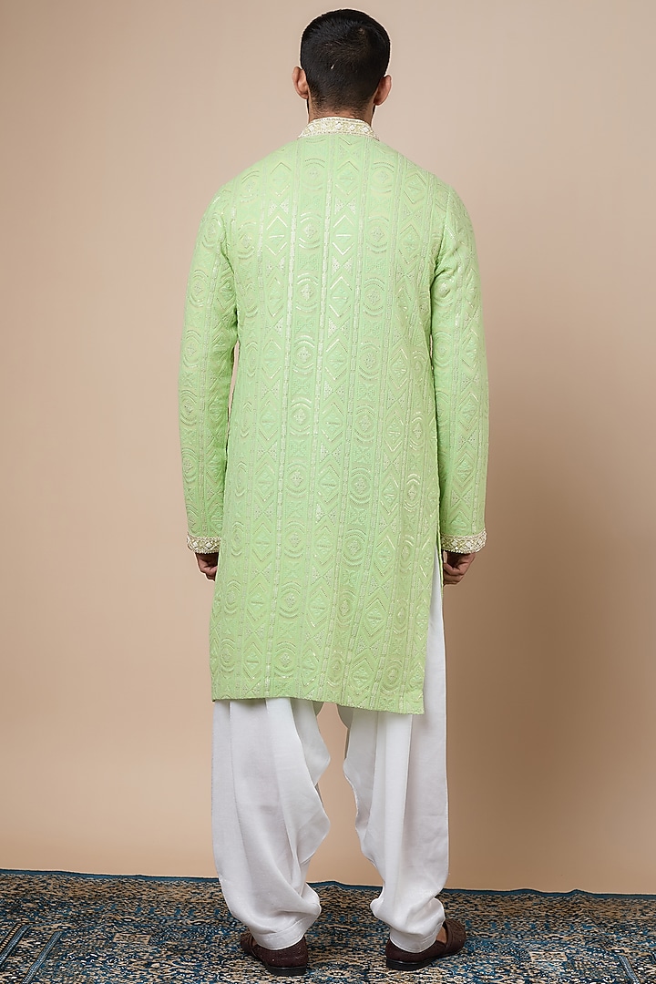 Light Green Georgette Sequins Embroidered Kurta Set by Dapper & Dare at Pernia's Pop Up Shop