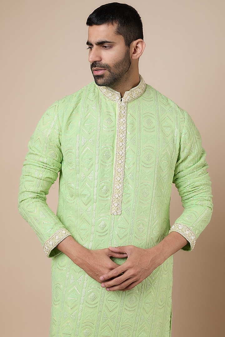 Light Green Georgette Sequins Embroidered Kurta Set by Dapper & Dare at Pernia's Pop Up Shop