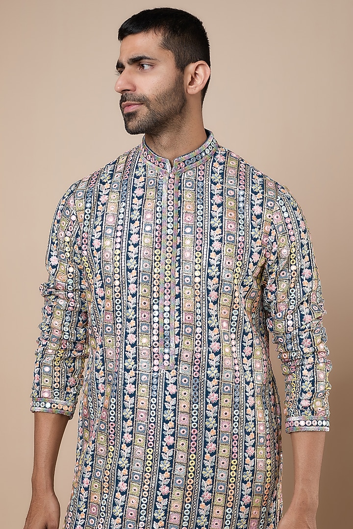 Multi-Colored Georgette Mirror Embroidered Kurta Set by Dapper & Dare at Pernia's Pop Up Shop