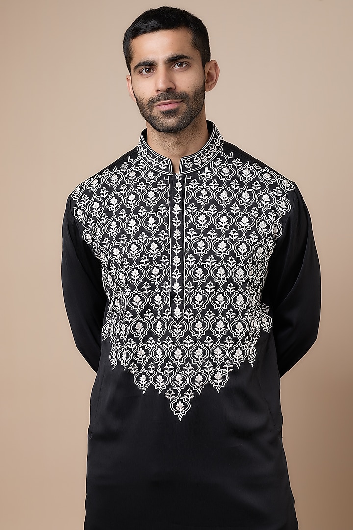 Black Crepe Thread Embroidered Kurta Set by Dapper & Dare at Pernia's Pop Up Shop