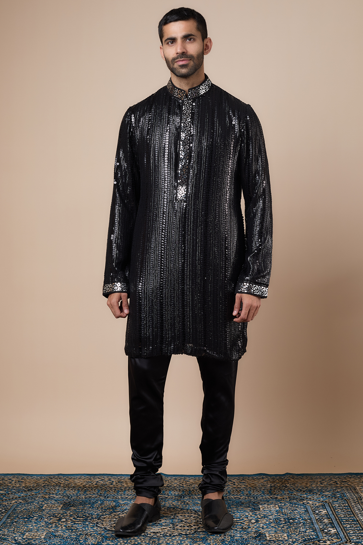Black Georgette Sequins Embroidered Kurta Set by Dapper & Dare at Pernia's Pop Up Shop