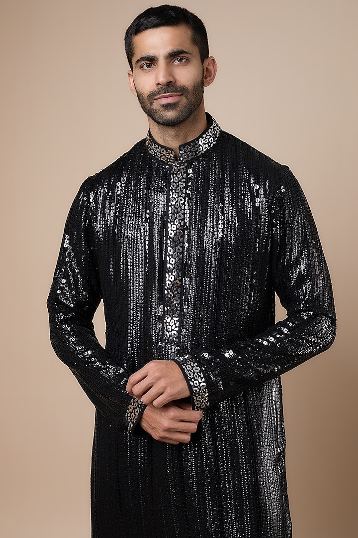 Black Georgette Sequins Embroidered Kurta Set by Dapper & Dare at Pernia's Pop Up Shop