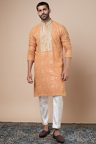Light Peach Georgette Mirror Embroidered Kurta Set by Dapper & Dare