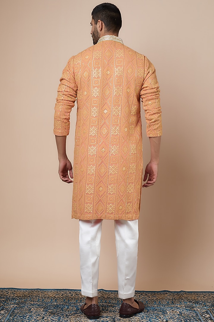 Light Peach Georgette Mirror Embroidered Kurta Set by Dapper & Dare at Pernia's Pop Up Shop