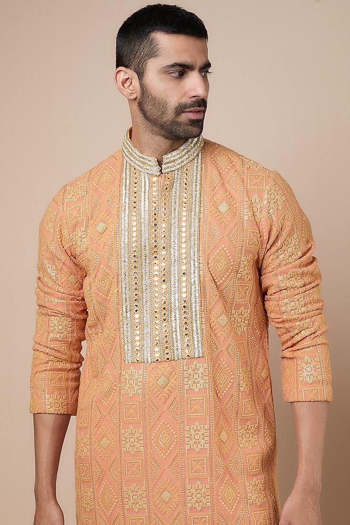 Light Peach Georgette Mirror Embroidered Kurta Set by Dapper & Dare at Pernia's Pop Up Shop