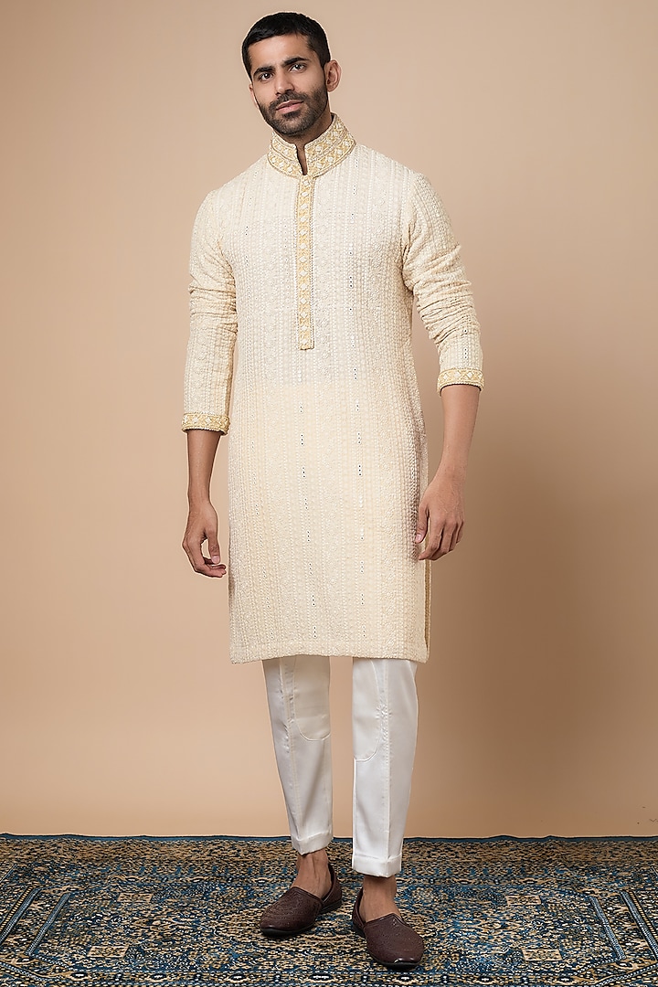 Ivory Georgette Sequins Embroidered Kurta Set by Dapper & Dare
