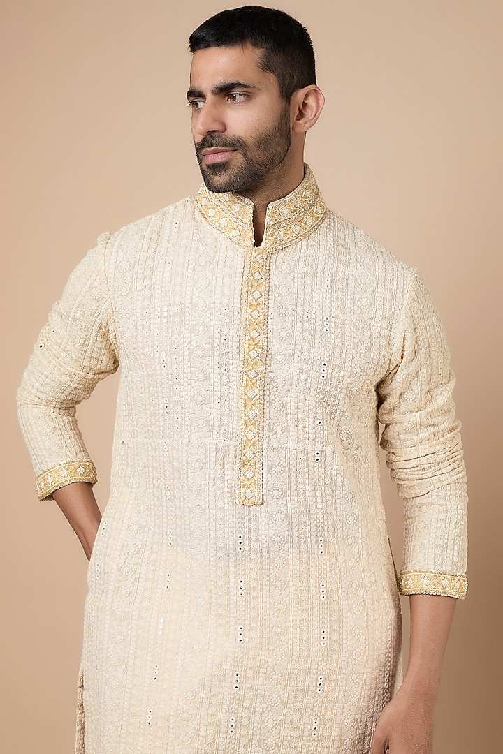 Ivory Georgette Sequins Embroidered Kurta Set by Dapper & Dare at Pernia's Pop Up Shop