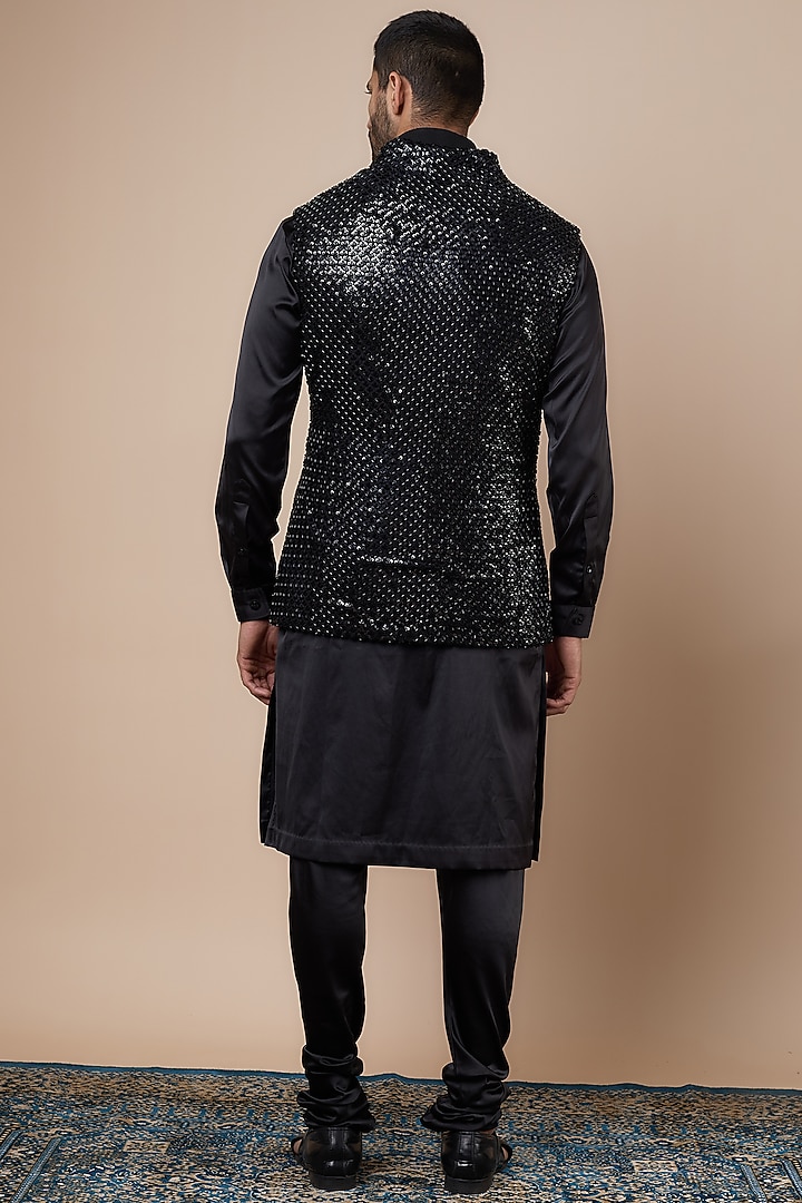 Black Georgette Cutdana Embroidered Nehru Jacket Set by Dapper & Dare at Pernia's Pop Up Shop