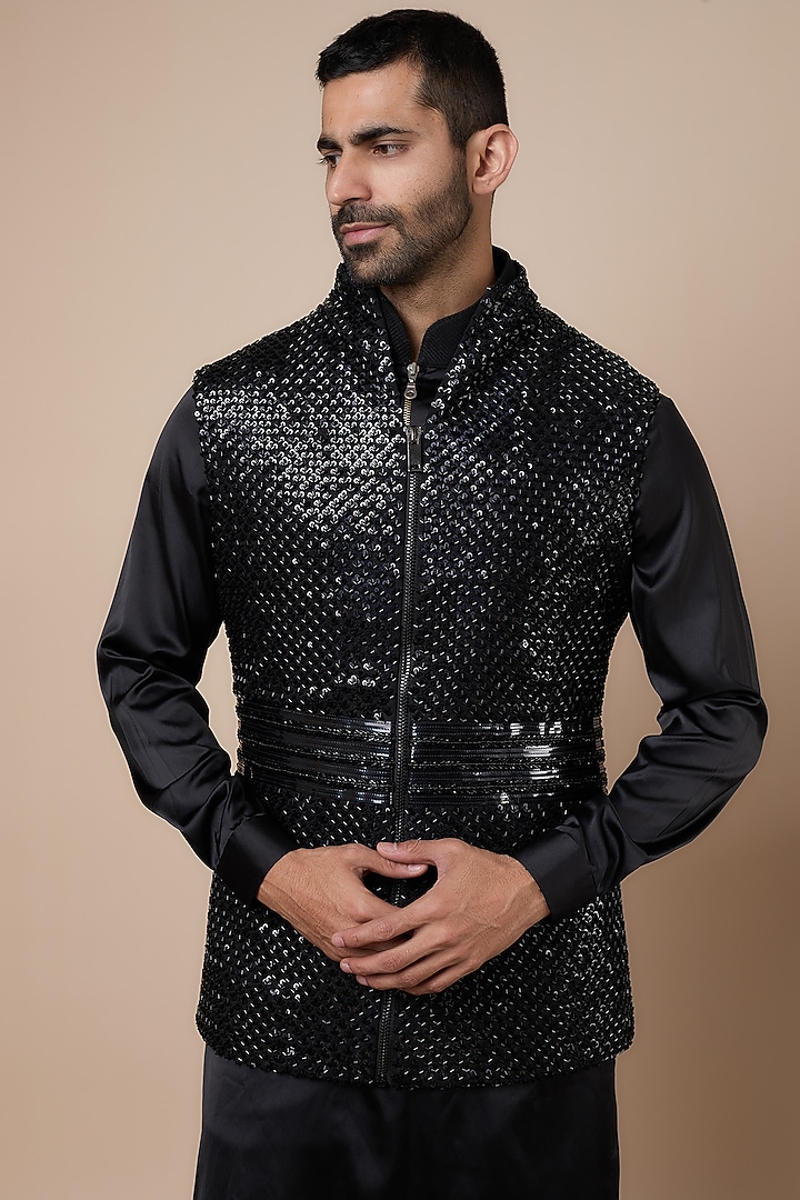 Black Georgette Cutdana Embroidered Nehru Jacket Set by Dapper & Dare at Pernia's Pop Up Shop