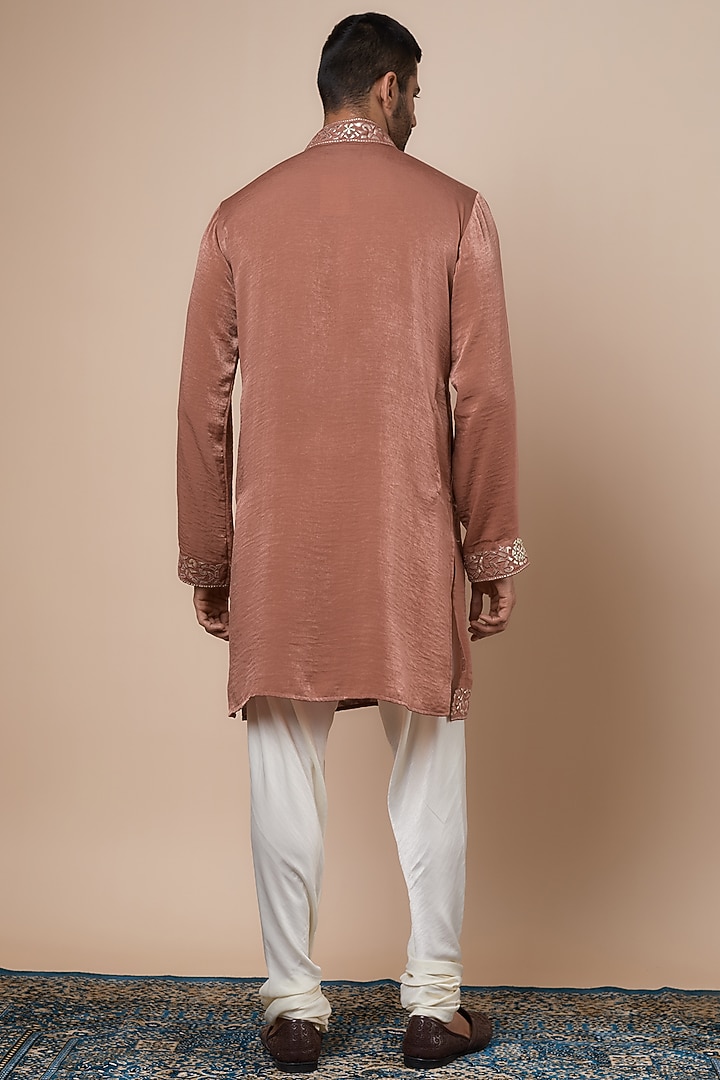Peach Sandwash Satin Leather Embroidered Kurta Set by Dapper & Dare at Pernia's Pop Up Shop
