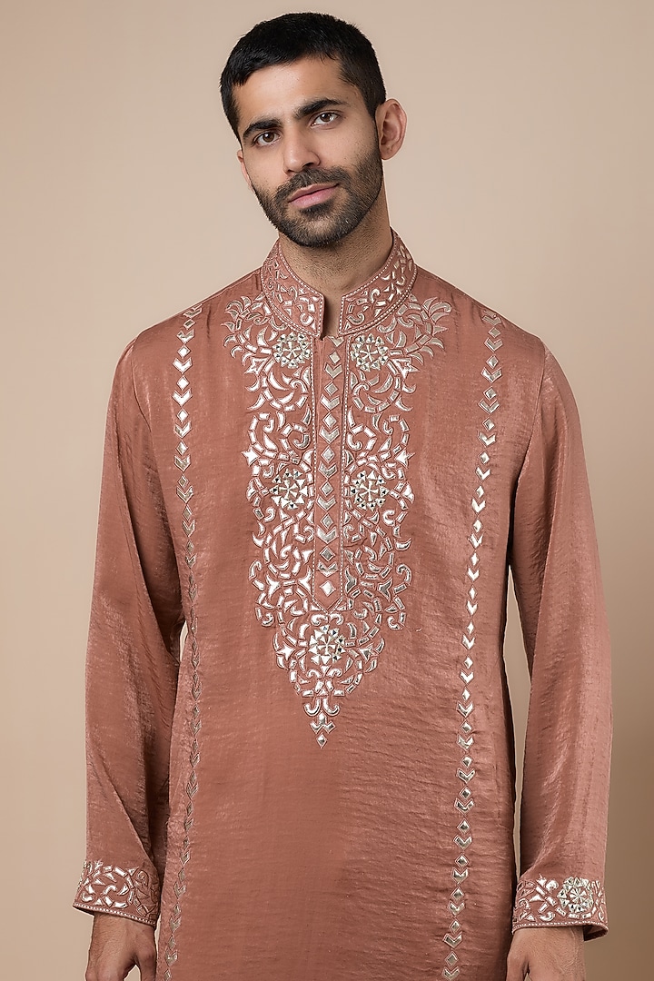 Peach Sandwash Satin Leather Embroidered Kurta Set by Dapper & Dare at Pernia's Pop Up Shop