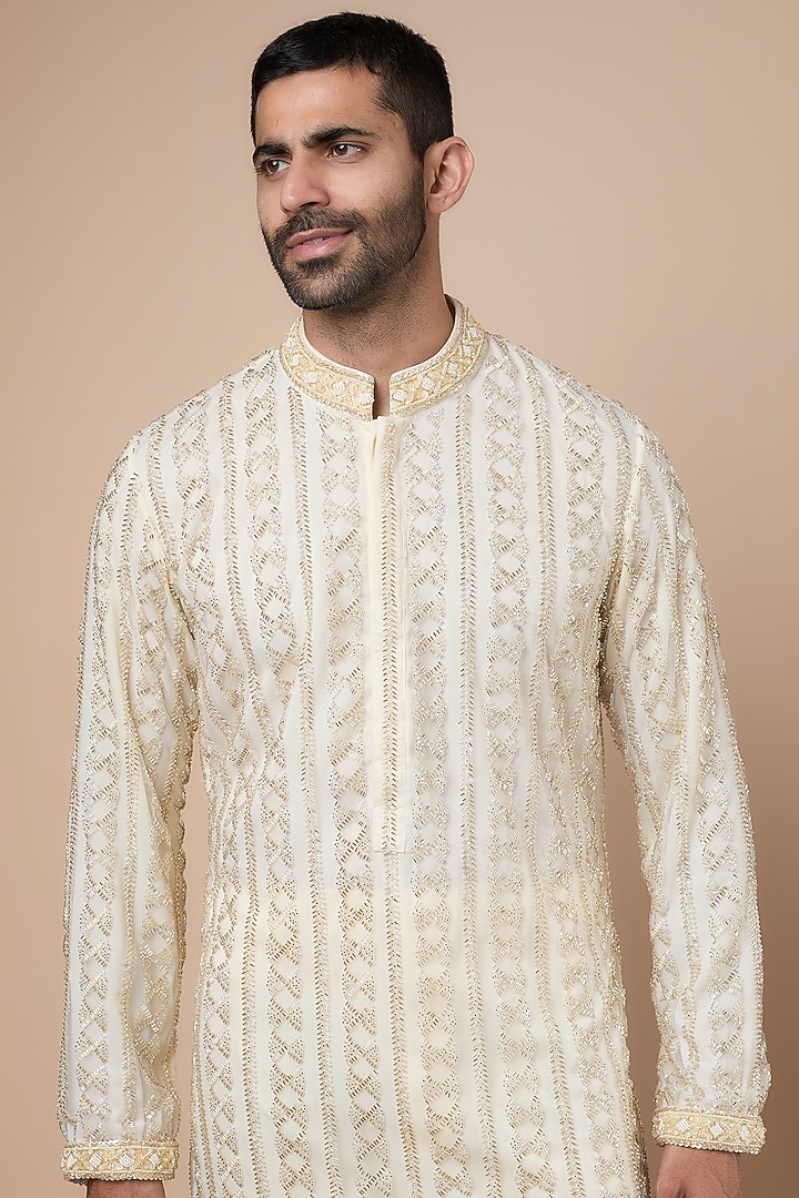 Cream Georgette Cutdana Embroidered Kurta Set by Dapper & Dare at Pernia's Pop Up Shop
