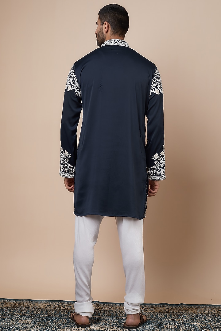 Navy Blue Crepe Thread Embroidered Kurta Set by Dapper & Dare at Pernia's Pop Up Shop