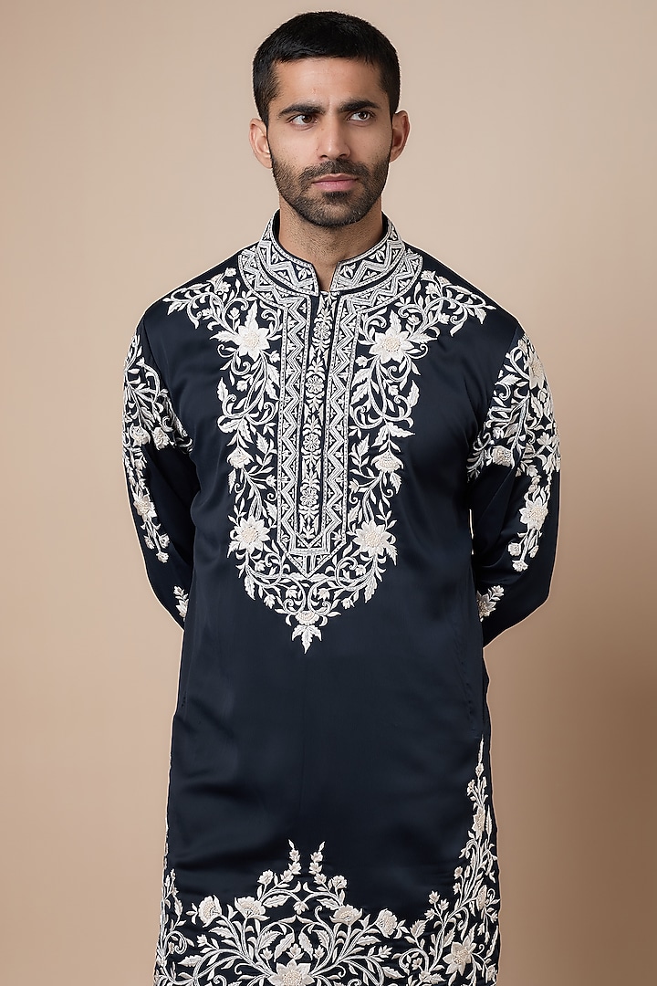 Navy Blue Crepe Thread Embroidered Kurta Set by Dapper & Dare at Pernia's Pop Up Shop