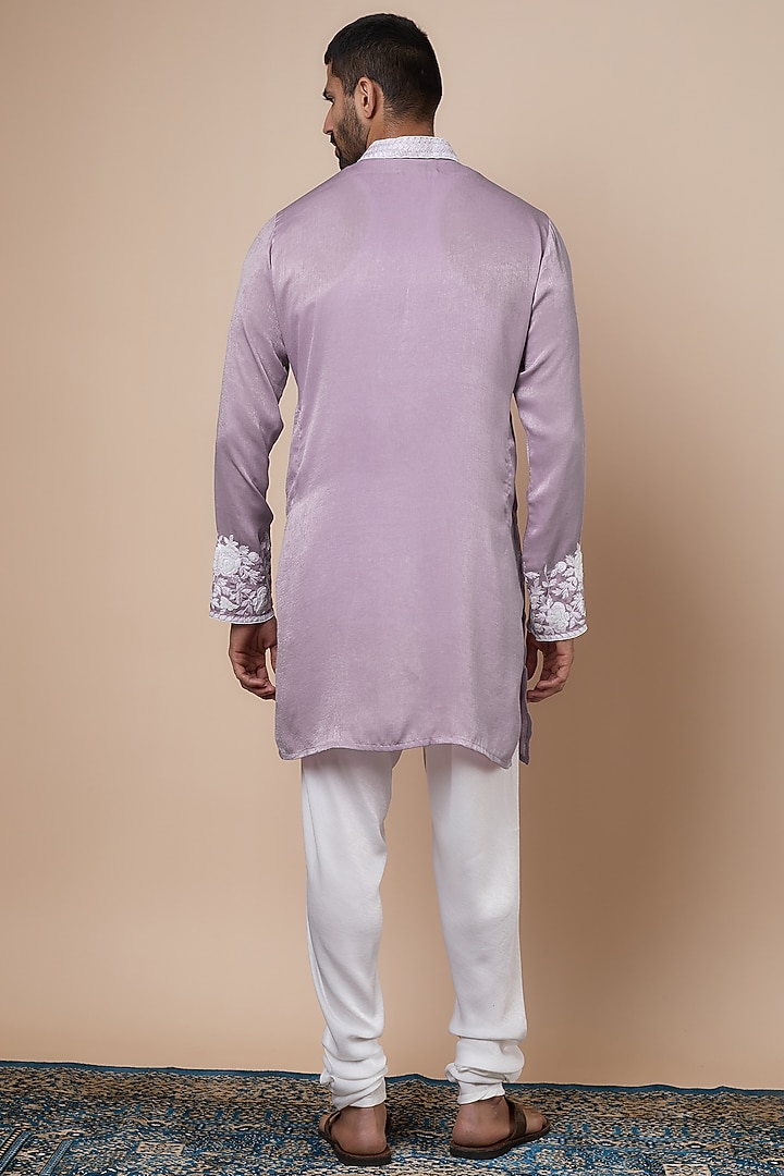 Lavender Satin Thread Embroidered Kurta Set by Dapper & Dare at Pernia's Pop Up Shop