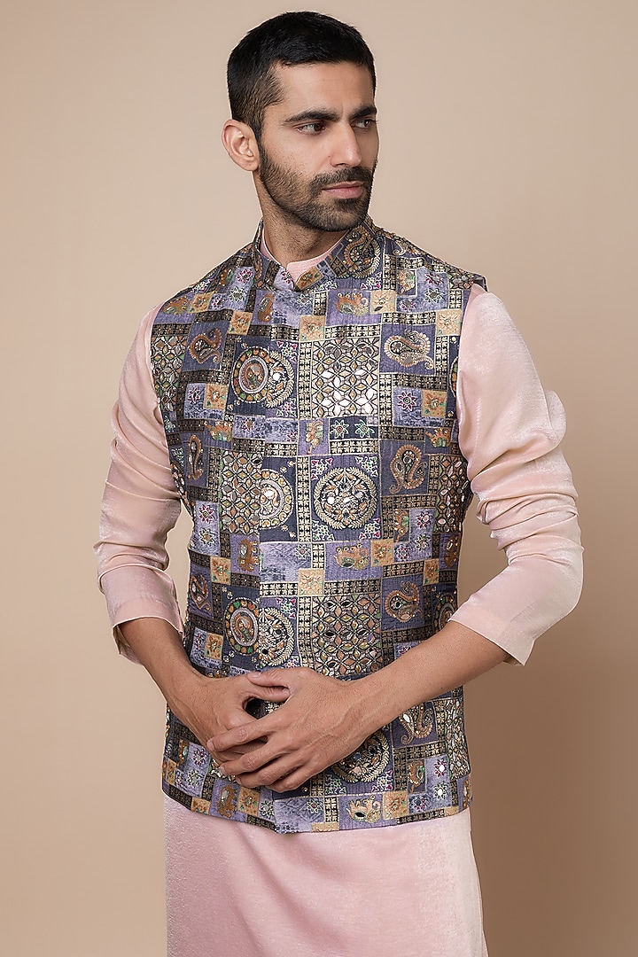 Lavender Georgette Mirror Embroidered Bundi Jacket Set by Dapper & Dare at Pernia's Pop Up Shop