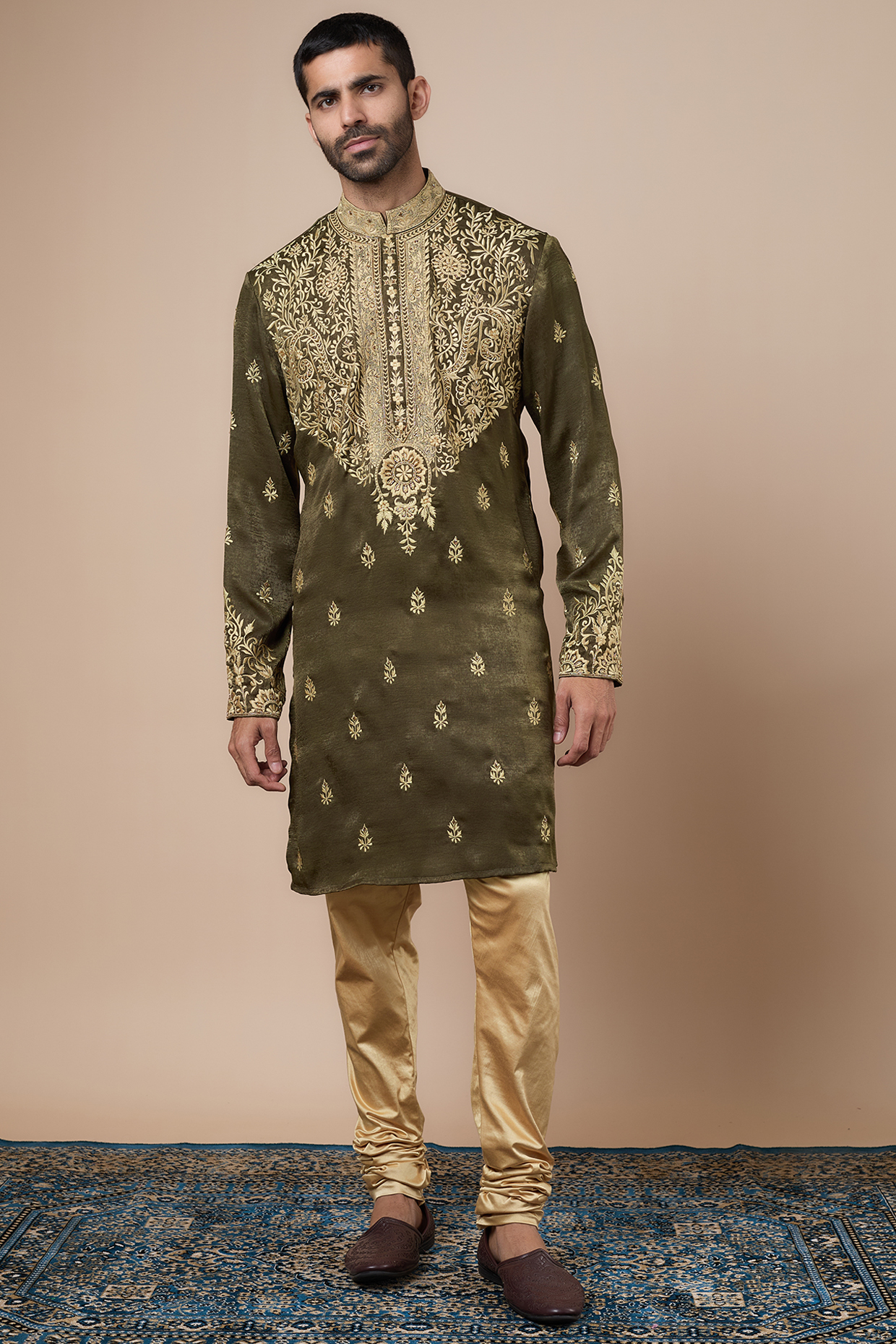 Mehendi Green Satin Thread Embroidered Kurta Set by Dapper & Dare at Pernia's Pop Up Shop
