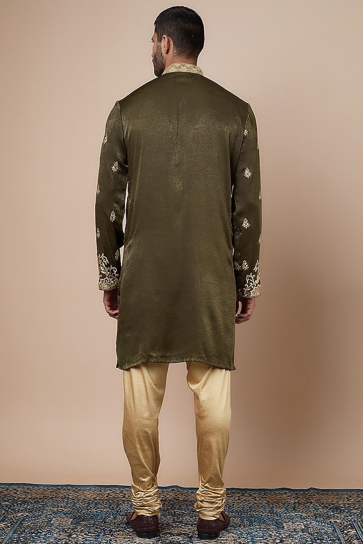 Mehendi Green Satin Thread Embroidered Kurta Set by Dapper & Dare at Pernia's Pop Up Shop
