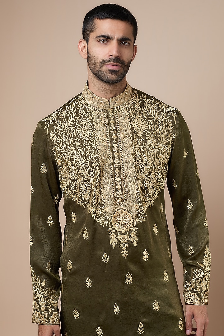 Mehendi Green Satin Thread Embroidered Kurta Set by Dapper & Dare at Pernia's Pop Up Shop