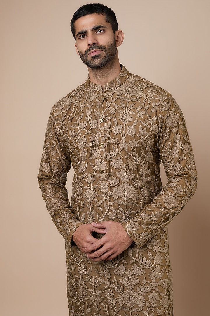 Mocha Brown Georgette Printed Kurta Set by Dapper & Dare at Pernia's Pop Up Shop