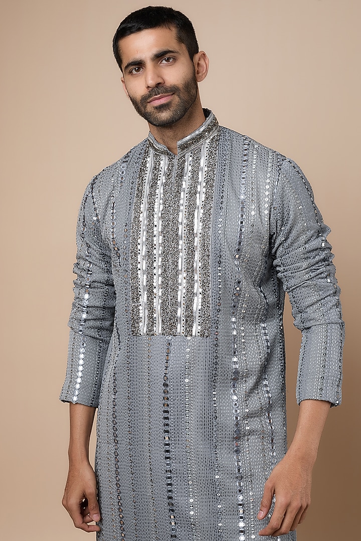 Grey Georgette Mirror Embroidered Kurta Set by Dapper & Dare at Pernia's Pop Up Shop
