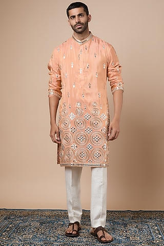 Peach Tissue Hand Embroidered Kurta Set by Dapper & Dare