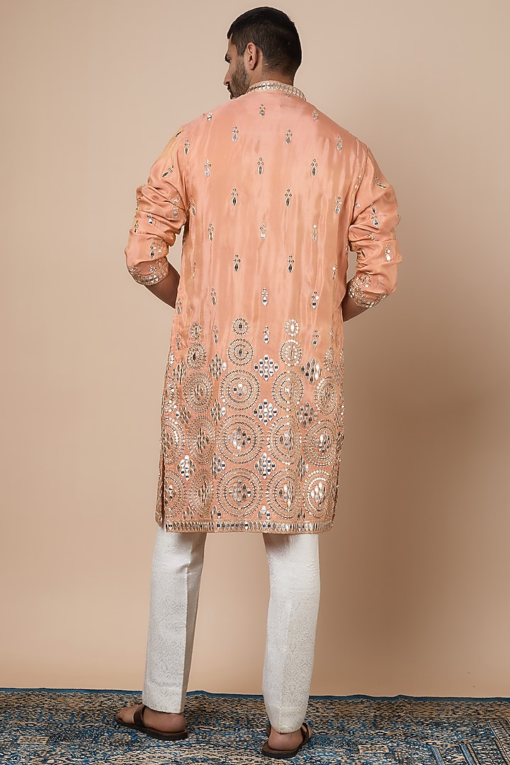 Peach Tissue Hand Embroidered Kurta Set by Dapper & Dare at Pernia's Pop Up Shop