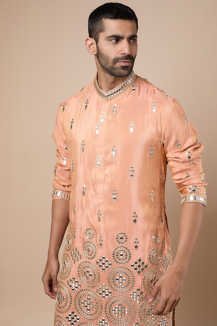 Peach Tissue Hand Embroidered Kurta Set by Dapper & Dare at Pernia's Pop Up Shop