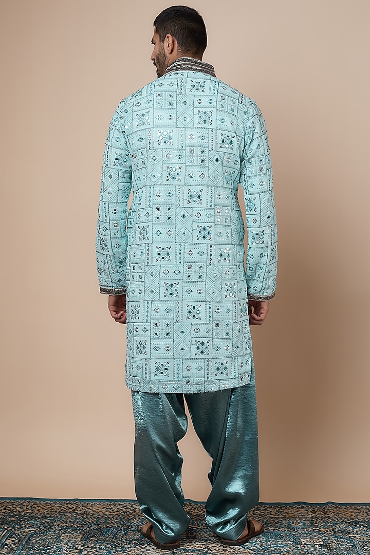 Sky Blue Georgette Mirror Embroidered Kurta Set by Dapper & Dare at Pernia's Pop Up Shop