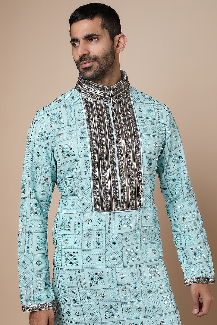 Sky Blue Georgette Mirror Embroidered Kurta Set by Dapper & Dare at Pernia's Pop Up Shop