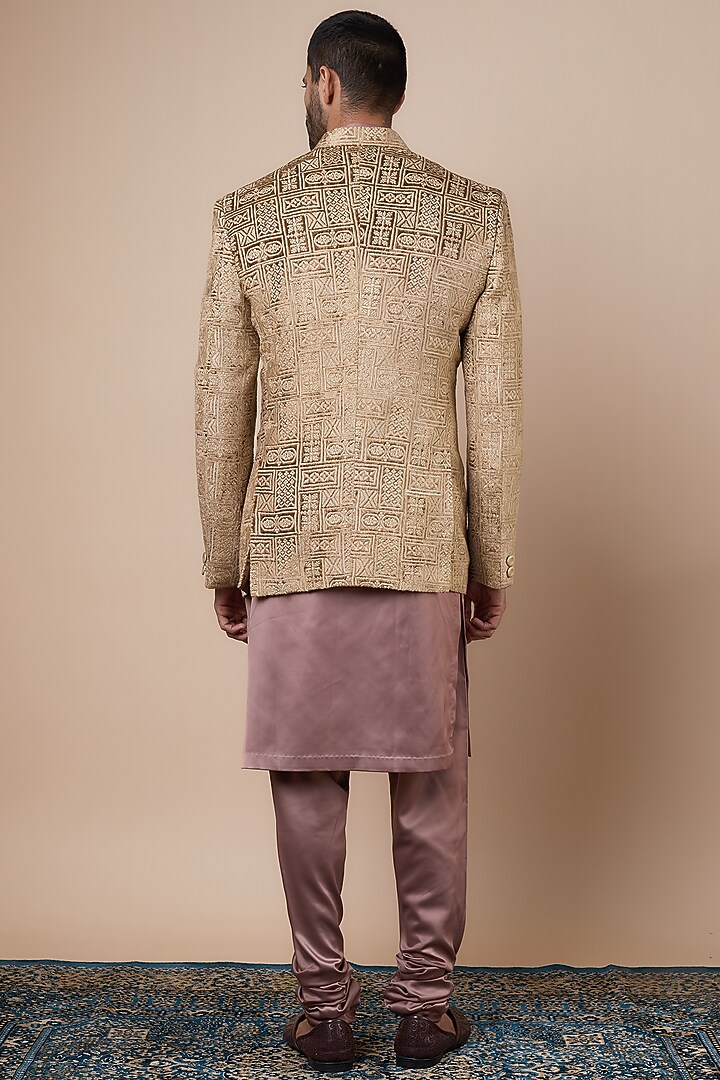 Beige Gold Velvet Wedding Bandhgala Set by Dapper & Dare at Pernia's Pop Up Shop