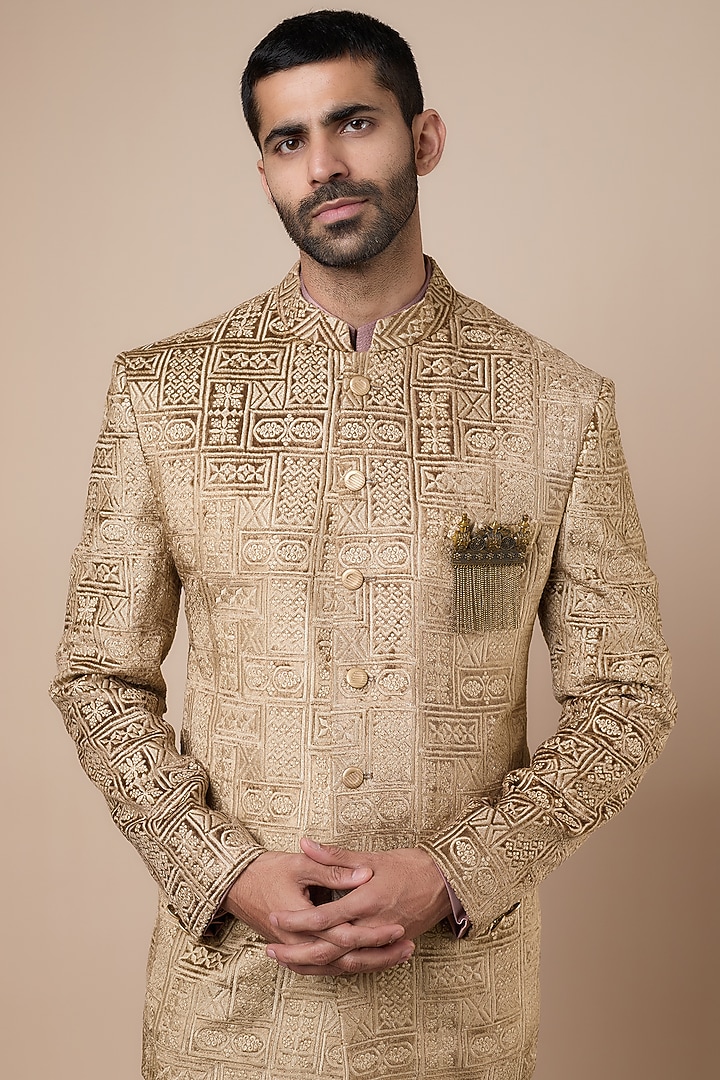Beige Gold Velvet Wedding Bandhgala Set by Dapper & Dare at Pernia's Pop Up Shop