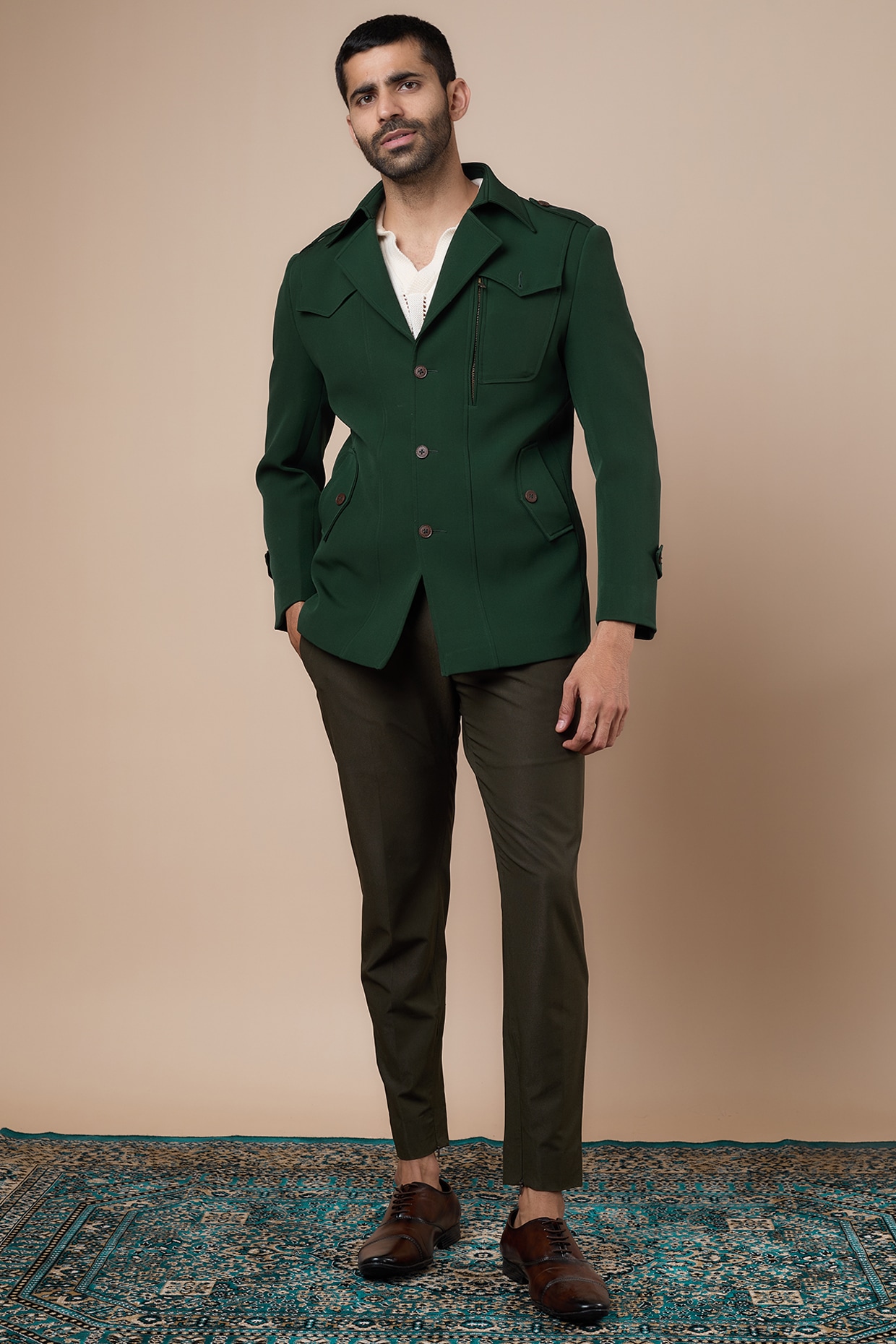 Dark Green Banana Crepe & Cotton Twill Safari Jacket Set by Dapper