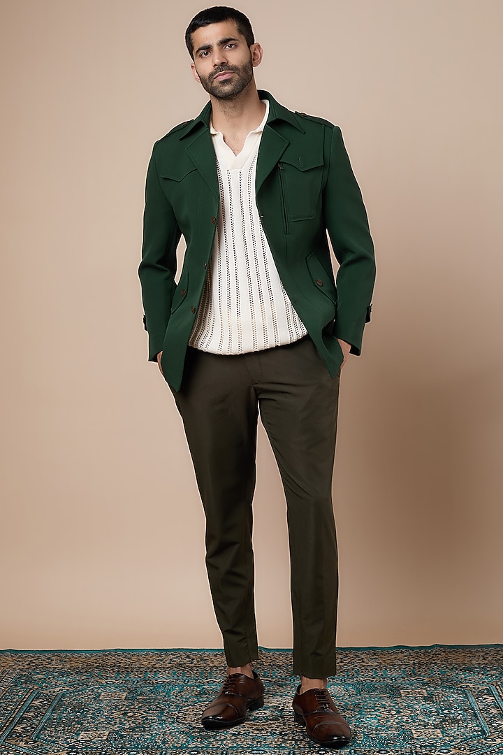 Dark Green Banana Crepe & Cotton Twill Safari Jacket Set by Dapper & Dare at Pernia's Pop Up Shop