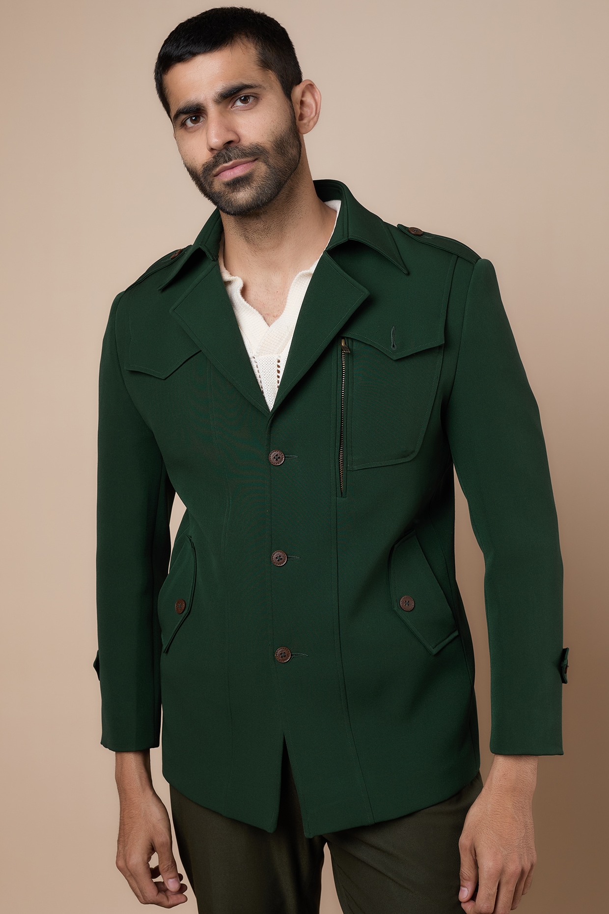 Dark Green Banana Crepe & Cotton Twill Safari Jacket Set by Dapper